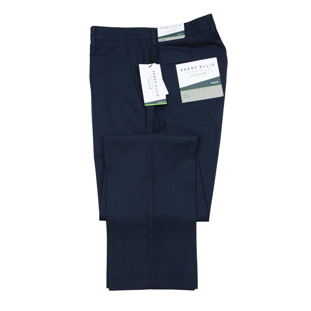 Perry Ellis Portfolio Dress Pants Mens 32x32 Dark Blue Slim Fit Stretch Go Green